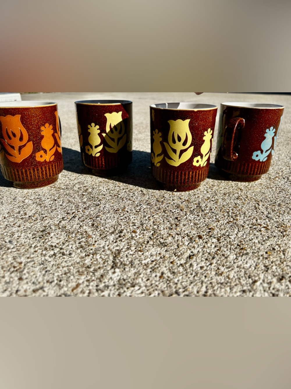 Vintage 70’s Brown Ceramic Mugs Featuring Retro Floral Designs